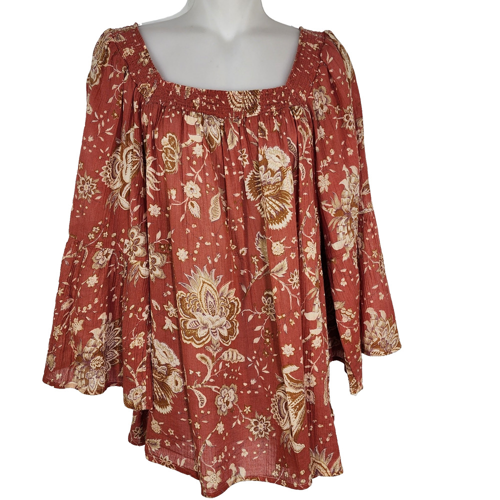 Chaps Top Blouse Womens XXL Peasant Cottage Core Boho Floral Squareneck Sheer